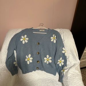 Blue cardigan sweater flower pattern size XL